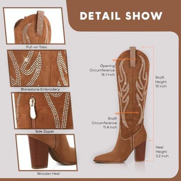 Women Suede Brown Rhinestones Embroidered Side Zip  Pointed Toe Knee High Boots - Picture 6 of 8